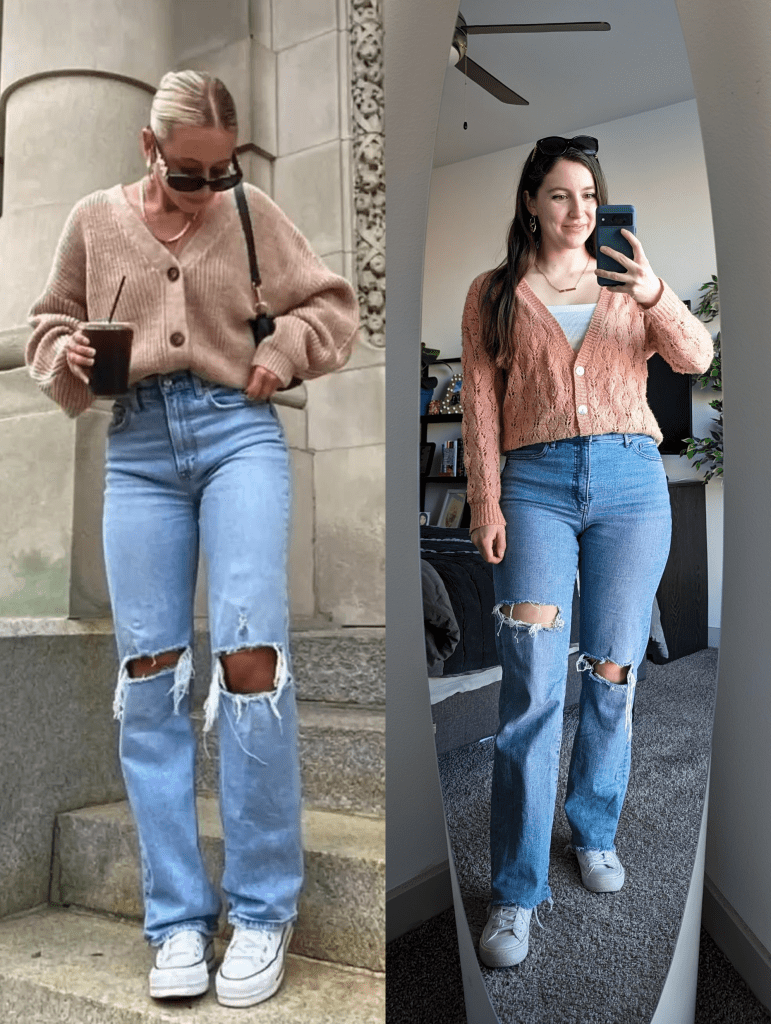 pinterest-outfit-recreation-salmon-knit-cardigan-ripped-straight-leg-jeans-white-sneakers