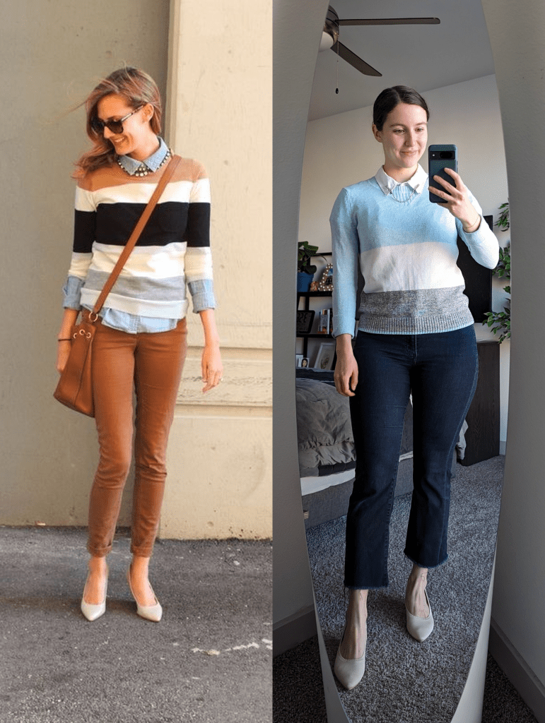 striped-sweater-work-outfit-collar-clips-vivaia-heels