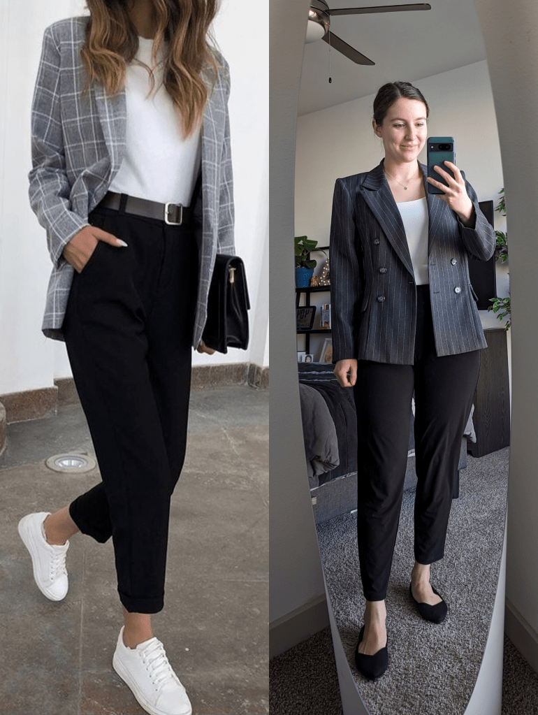 grey-pinstripe-blazer-white-top-black-joggers-clara-sunwoo-rothys