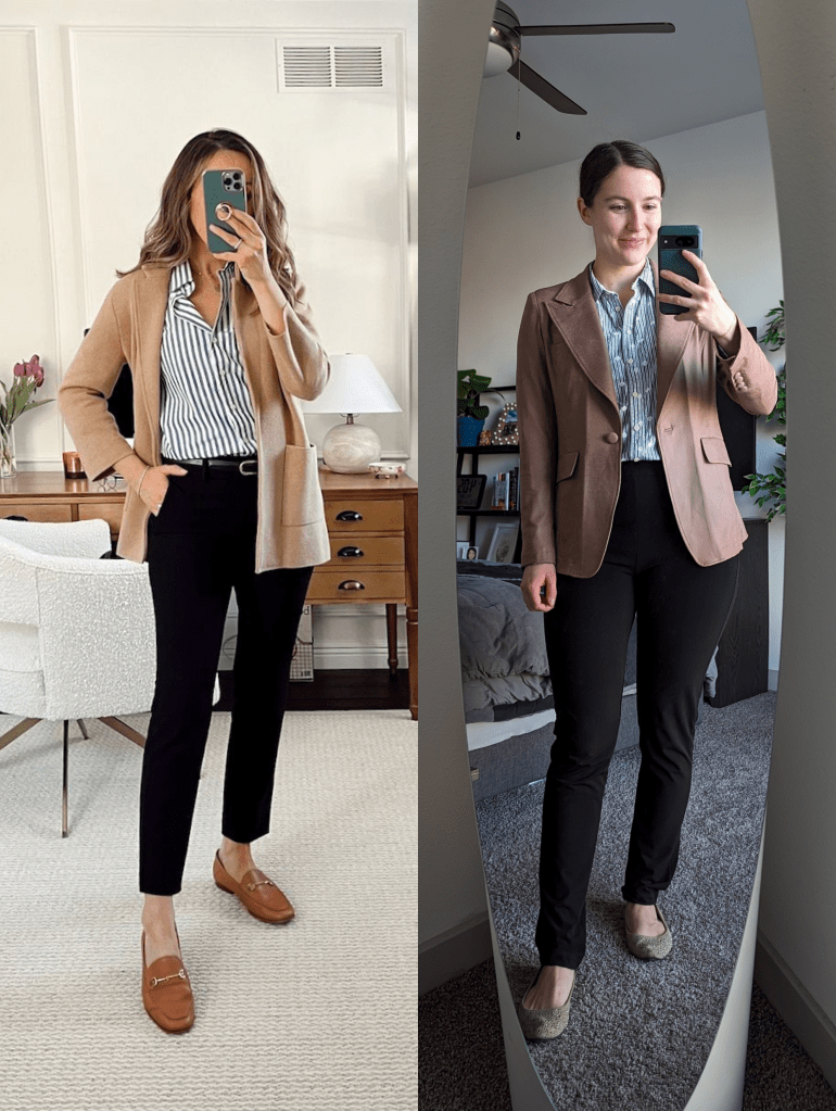 pinstripe-collar-button-down-brown-blazer-clara-sunwoo-black-pants-beige-sparkly-flats