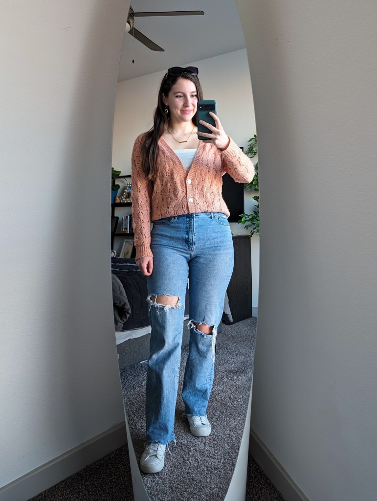 cardigan-ripped-straight-leg-jeans-white-sneakers-express