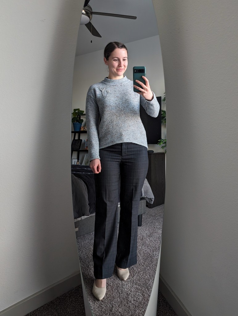 blue-sweater-sundance-grey-windowpane-pants-beige-heels