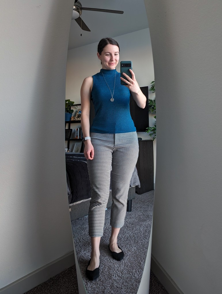 teal-mockneck-top-jcpenney-houndstooth-pants-black-flats-rothys