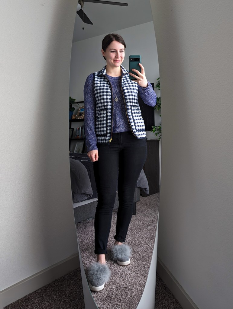 purple-sweater-hand-me-down-gingham-vest-black-skinny-jeans-grey-sneakers