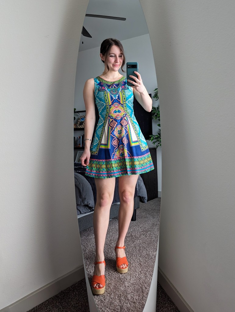 thrifted-dress-fit-and-flare-geometric-pattern-orange-wedges
