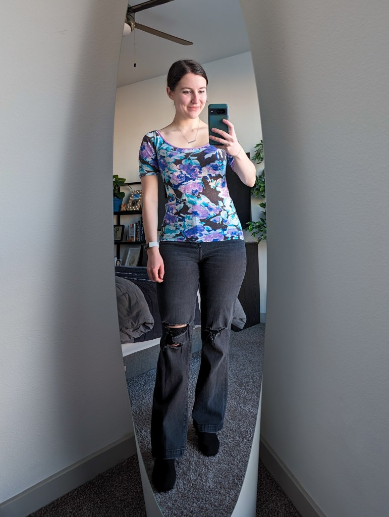 floral-top-nordstrom-rack-grey-bootcut-jeans-express-black-vivaia-booties