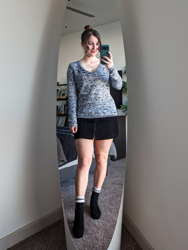 sweater-weather-black-corduroy-skirt-francescas-gap-black-booties-vivaia-striped-socks