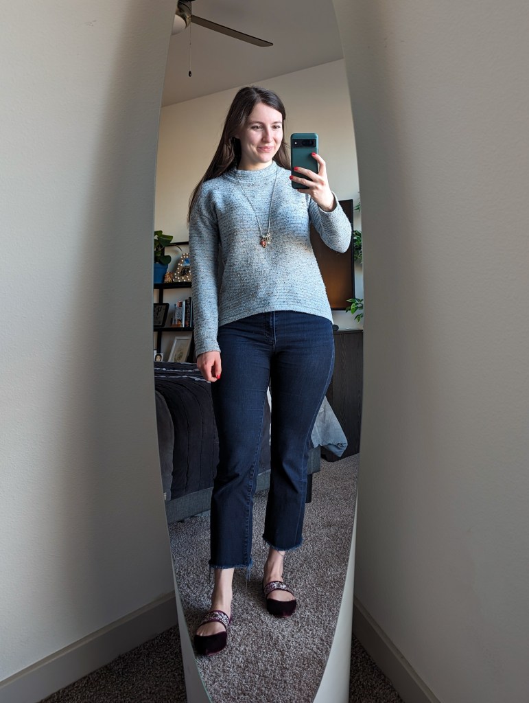 blue-sweater-sundance-outlet-cropped-flared-jeans-express-velvet-flats-briton-charm-necklace