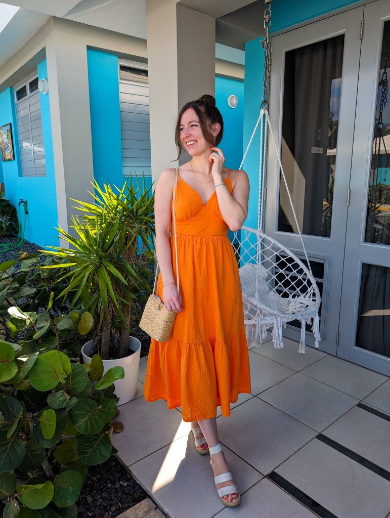 orange-dress-wicker-purse-shoplc-marshalls-white-espadrilles-dsw