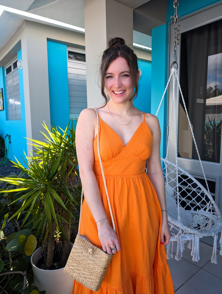 orange-dress-wicker-purse-shoplc-spring-break-affordable-fashion