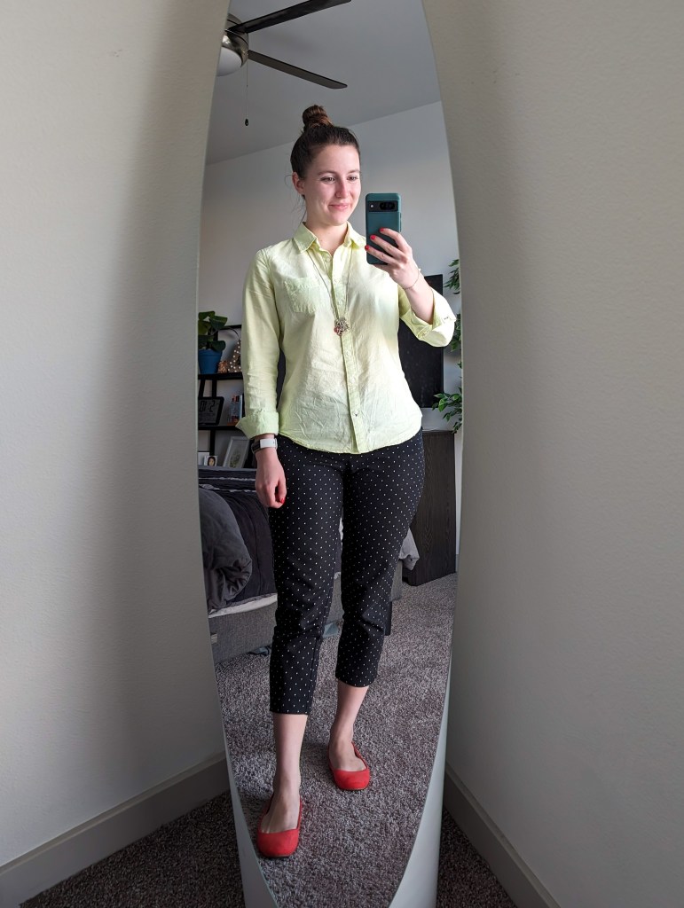 lime-green-collar-blouse-black-polka-dot-trousers-work-outfit-orange-flats