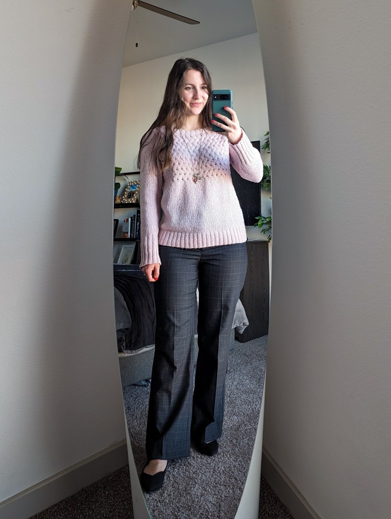 pink-sweater-grey-windowpane-pants-thrifted-black-flats-rothys