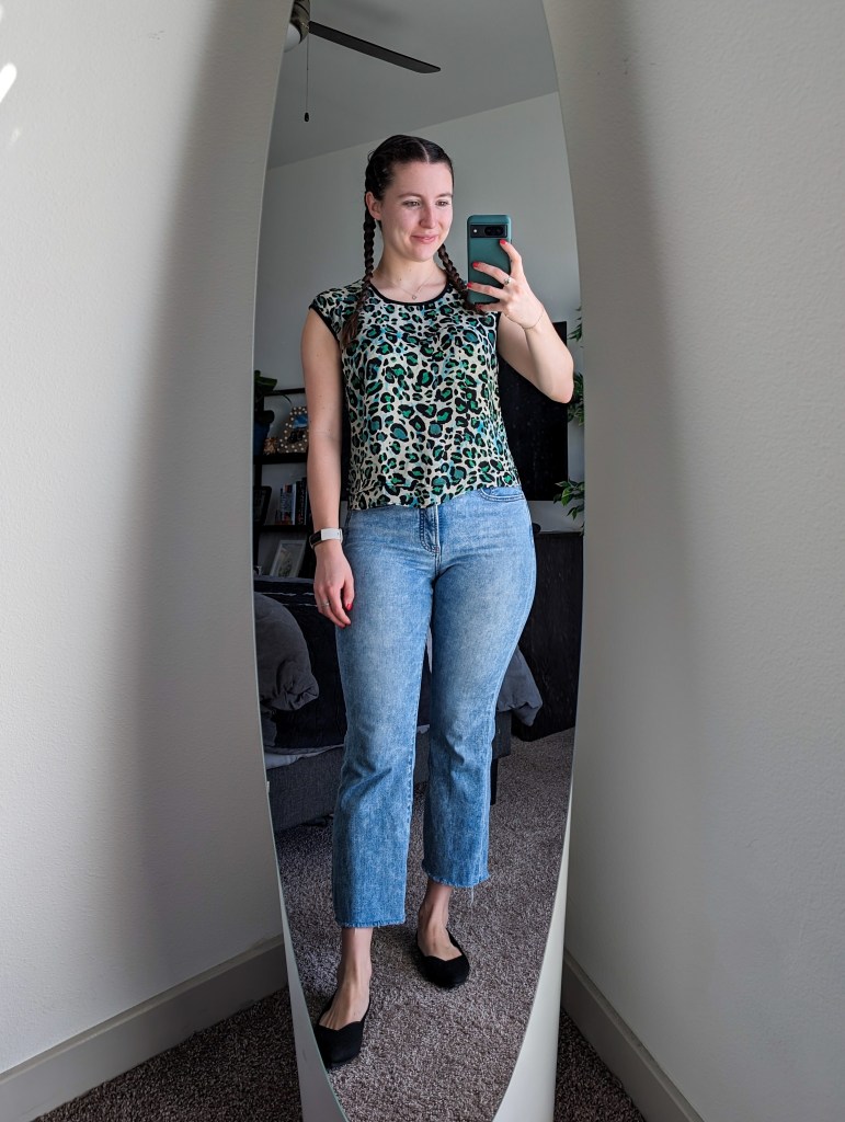leopard-top-green-cabi-cropped-flared-jeans-black-flats-rothys