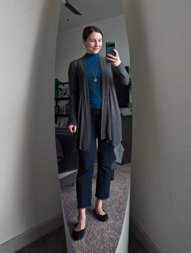 mock-neck-top-jcpenney-grey-long-cardigan-cropped-flared-jeans-black-flats-rothys