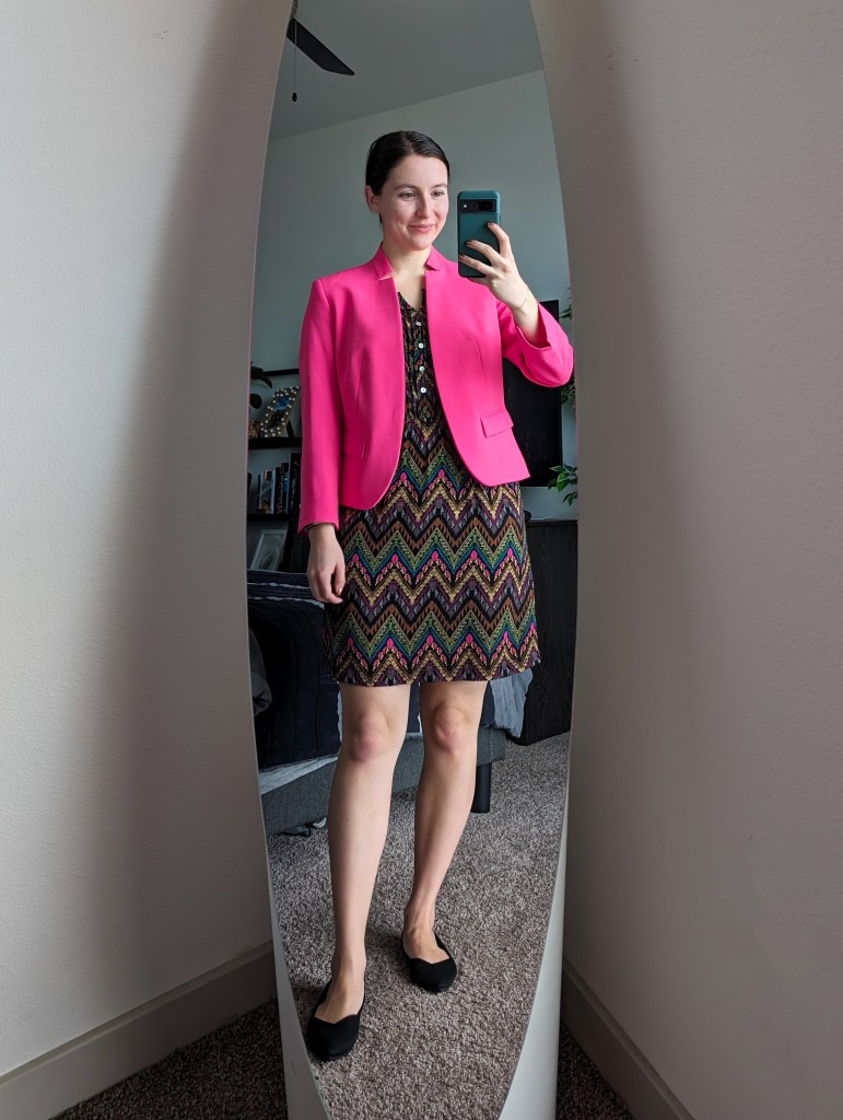 brown-chevron-dress-charming-charlie-hot-pink-blazer-black-flats-rothys