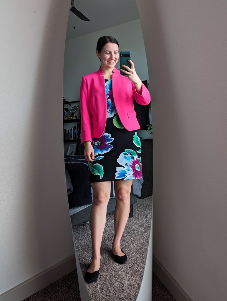 hot-pink-blazer-floral-dress-work-outfit-black-flats-rothys