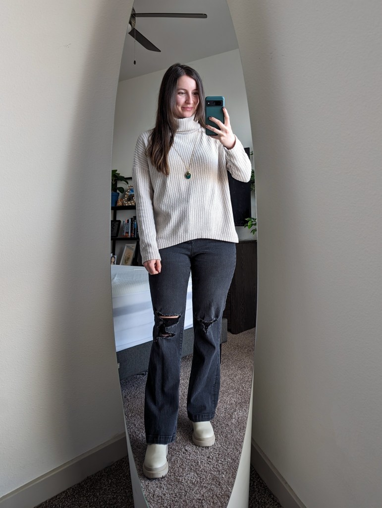clara-sunwoo-sweater-grey-bootcut-jeans-portland-leather-boots