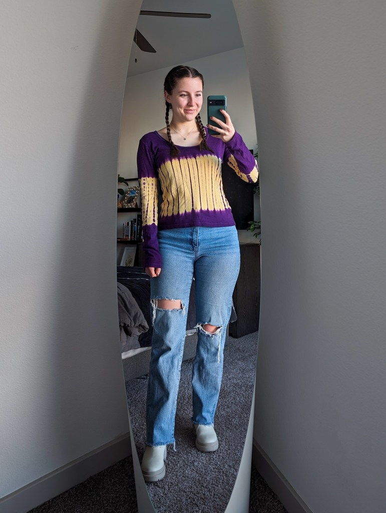 purple-yellow-tie-dye-tee-straight-leg-jeans-express-hand-me-down-cream-booties