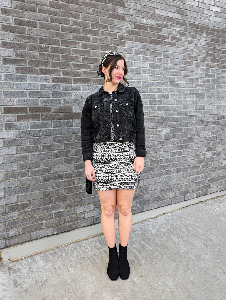 date-night-outfit-black-white-geometric-pattern-dress-velour-thrifted-secondhand-style