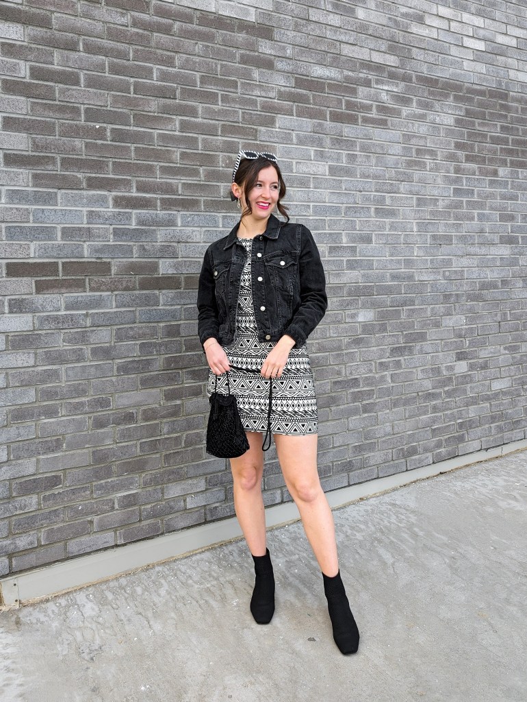 black-denim-jacket-beaded-purse-thrifted-secondhand-black-booties-vivaia