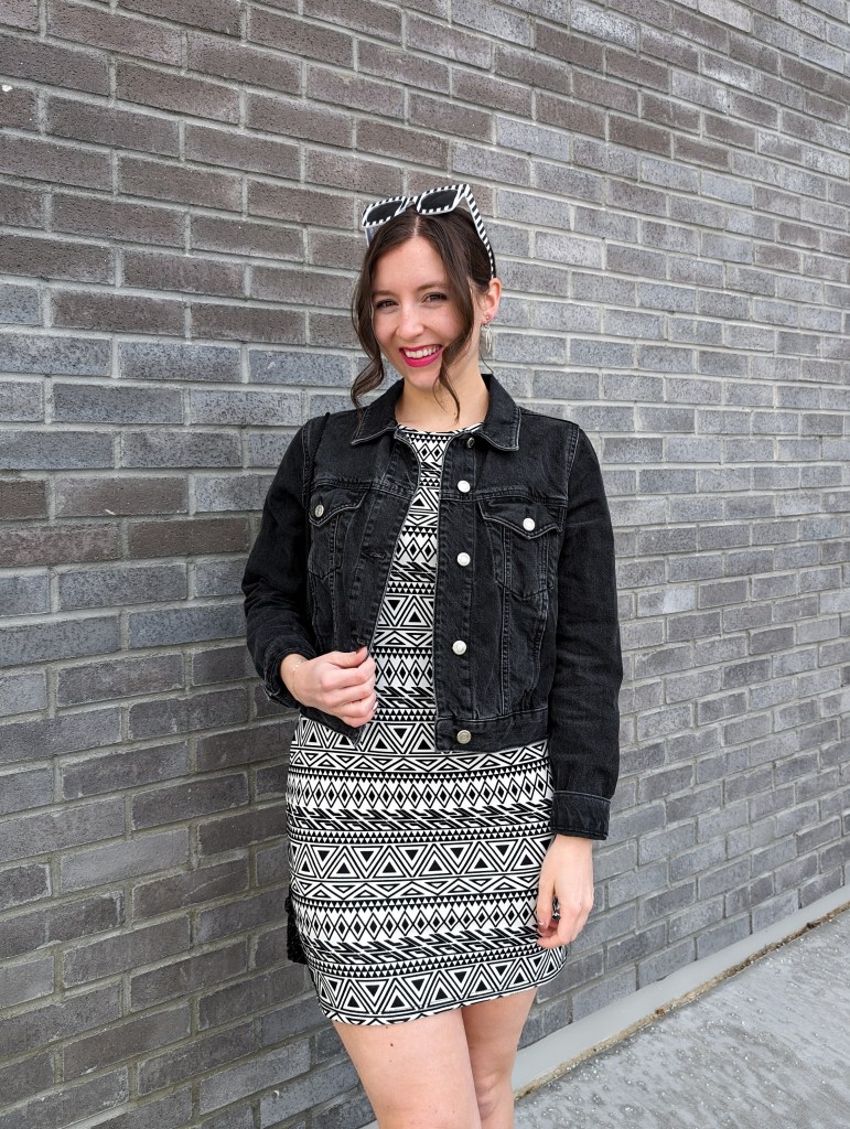 geometric-pattern-dress-black-denim-jacket-velour-thrifted-style