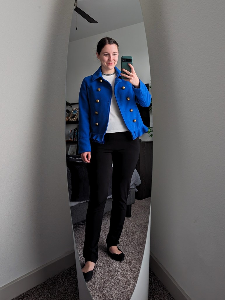 white-sweater-blue-peacoat-bohme-francescas-black-pants-clara-sunwoo-black-falts-rothys