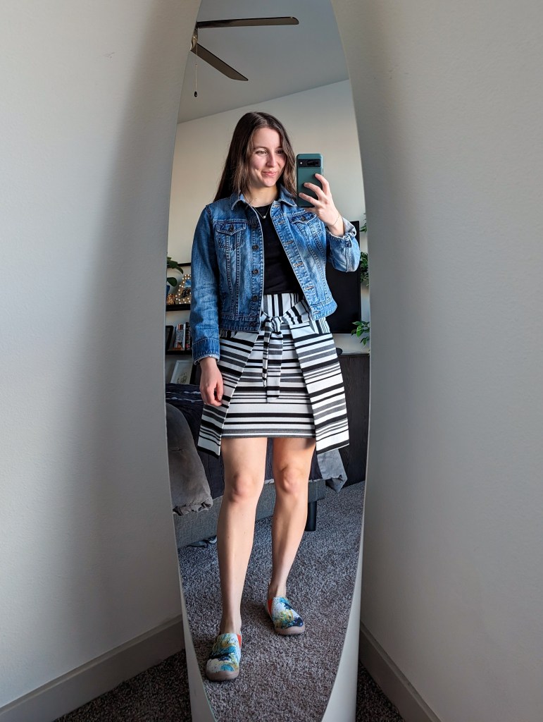 black-ribbed-tee-old-navy-denim-jacket-striped-cabi-skirt-uin-footwear-sneakers