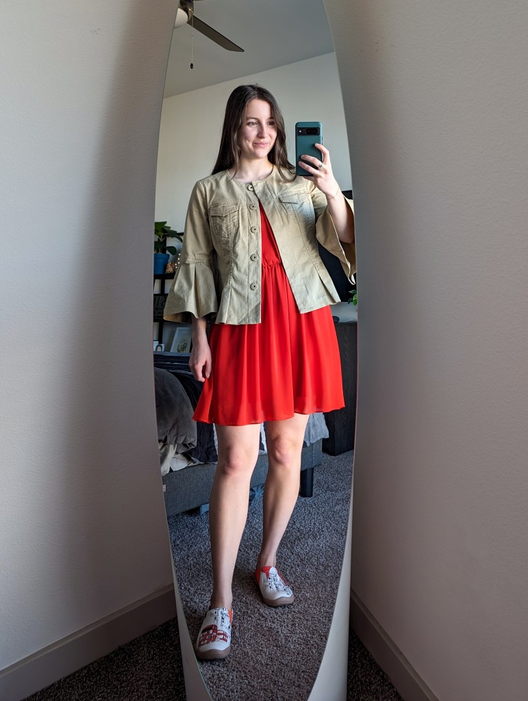 scarlet-dress-khaki-jacket-ann-taylor-uin-footwear-london-sneakers