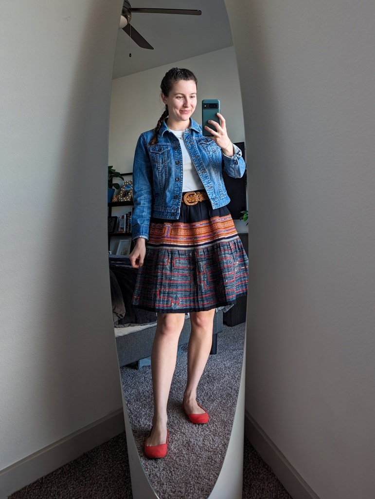 white-ribbed-tee-old-navy-denim-jacket-printed-fair-trade-skirt-orange-flats