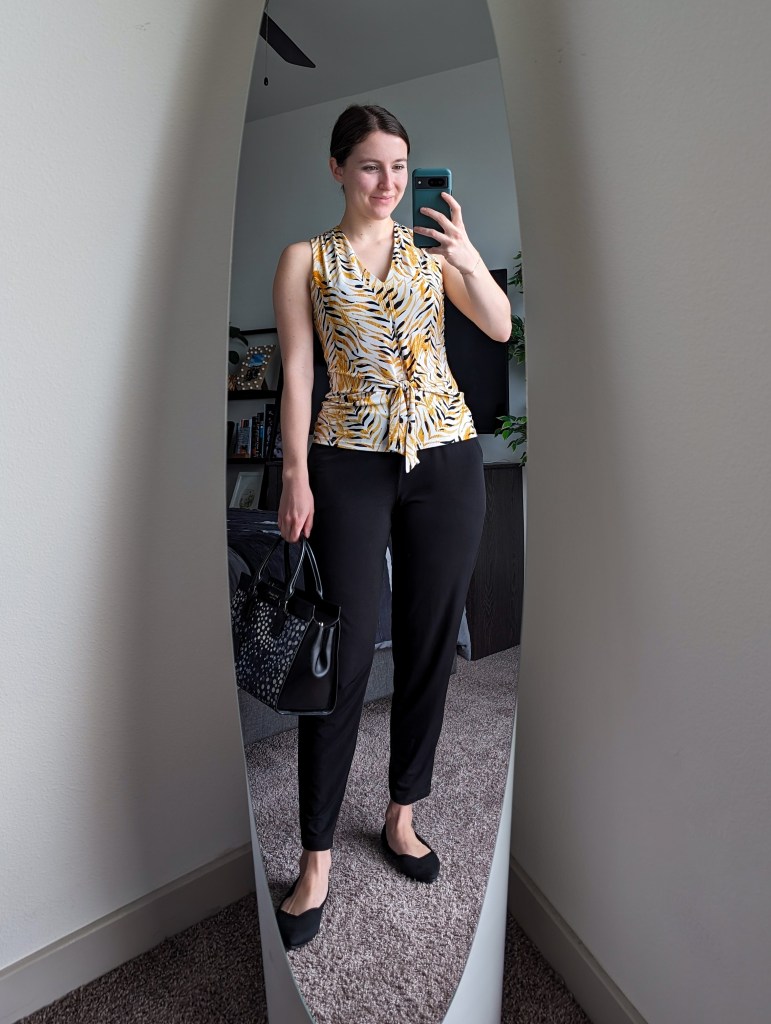 yellow printed sleeveless blouse black trousers clara sunwoo black flats rothys
