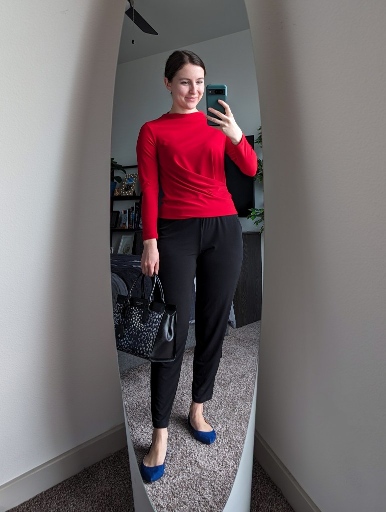 red long sleeve blouse clara sunwoo black work joggers blue flats kate spade purse