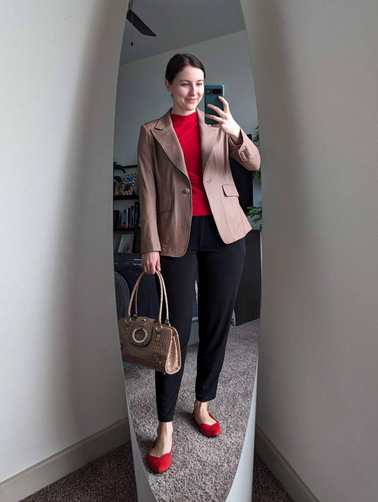 red blouse brown blazer patent leather purse black jogger work pants red rothys flats