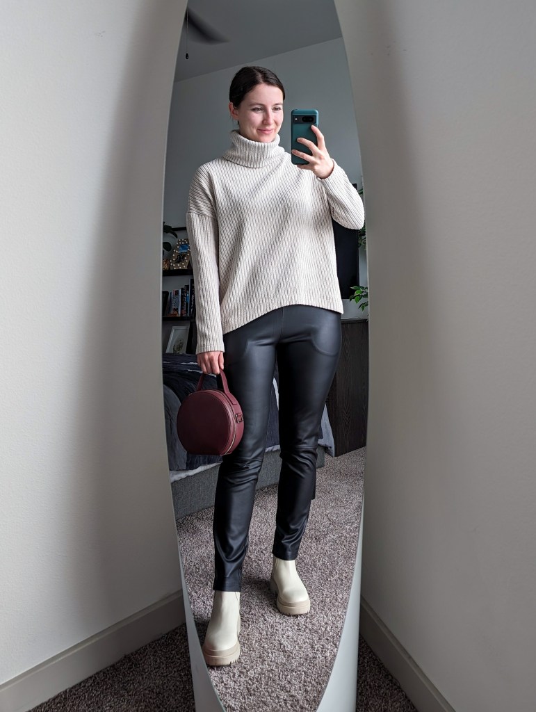 beige turtleneck sweater clara sunwoo black leather pants cream colored chelsea booties maroon circle purse