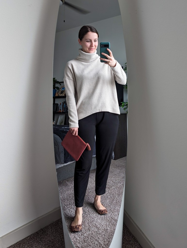 beige turtle neck ribbed sweater black jogger pants leopard flats work outfit