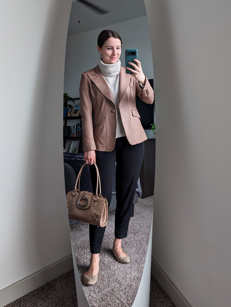 beige turtle neck sweater brown blazer black jogger pants beige sparkly flats patent leather shoulder bag