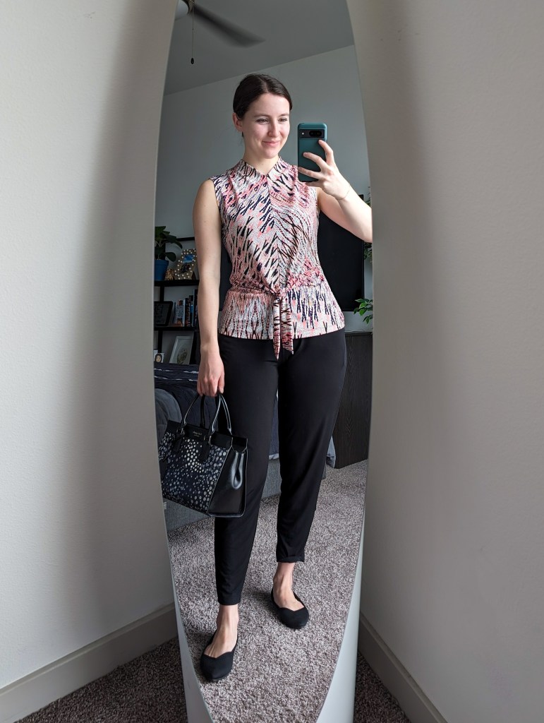 printed work sleeveless blouse black work joggers black flats rothys kate spade purse