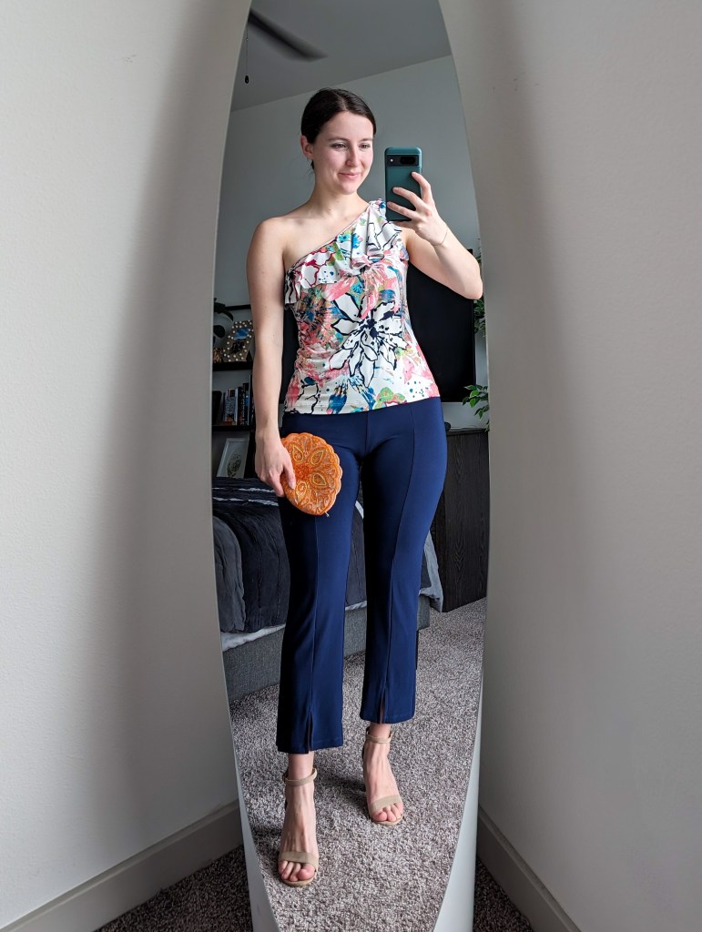 floral ruffle one shoulder blouse navy ponte pants nude sandal heels orange beaded purse