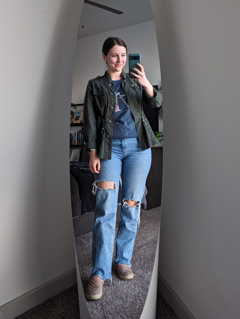 philly-tee-graphic-tee-olive-green-utility-jacket-ripped-straight-leg-jeans-express