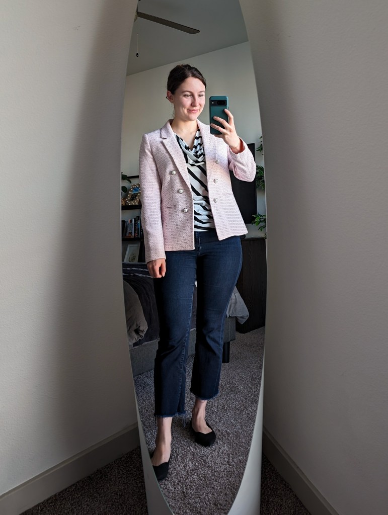 striped-cowl-blouse-pink-tweed-blazer-pearl-buttons-cropped-flared-jeans-express-black-flats-rothys