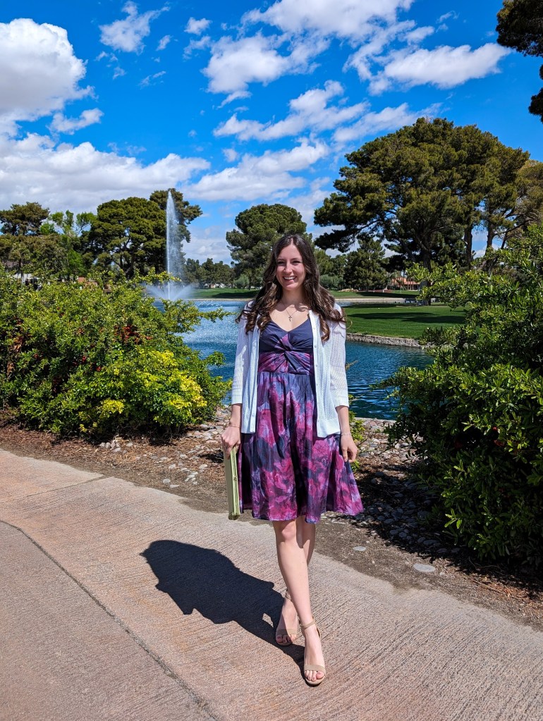 purple-thrifted-dress-white-cardigan-nude-sandal-heels-secondhand-fashion