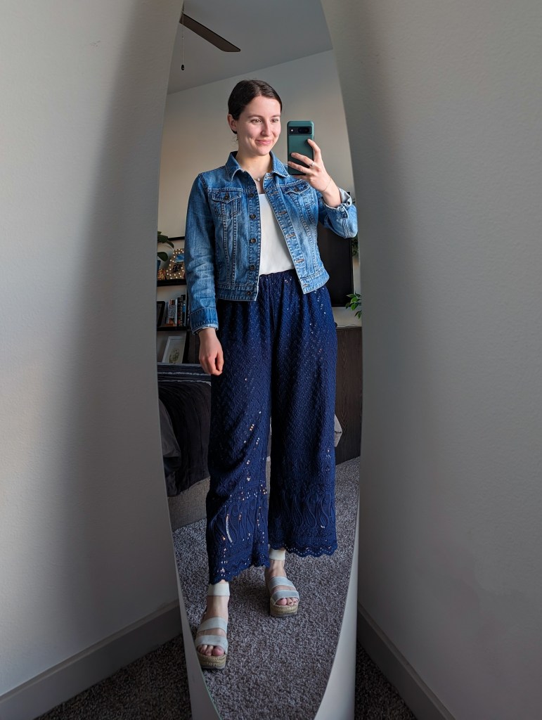 white-blouse-denim-jacket-navy-sequin-pants-white-espadrille-sandals