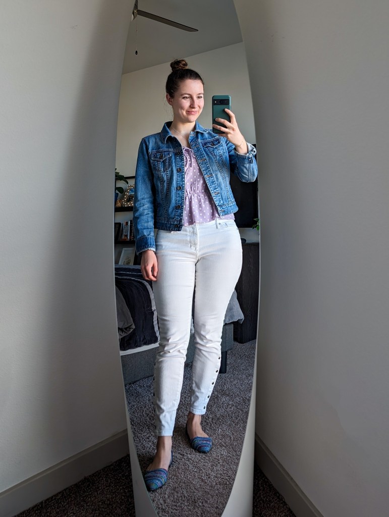 lilac peplum top light purple denim jacket white skinny jeans denim flats