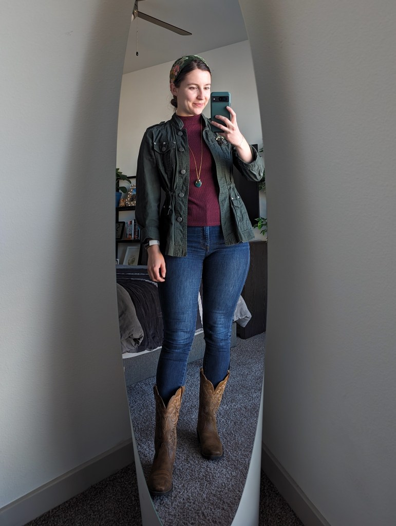 maroon mock neck top olive green utility jacket skinny jeans cowgirl boots