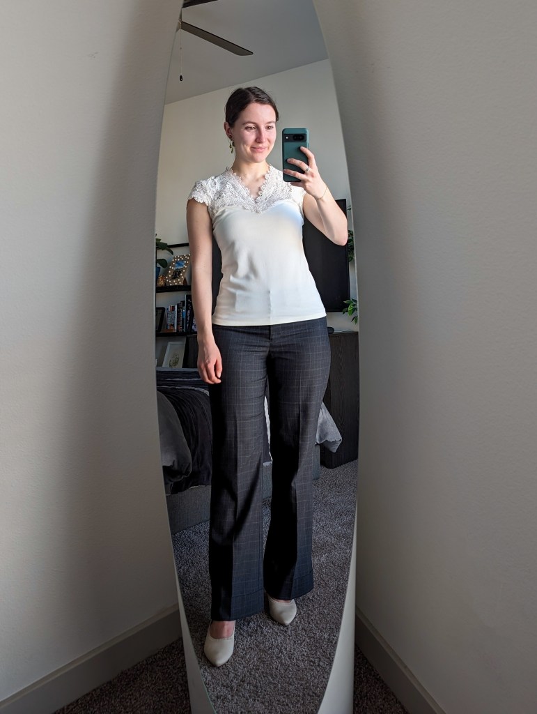 lace blouse windowpane trousers vivaia heels work outfit business casual