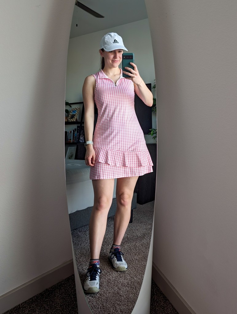 pink houndstooth tennis dress golf dress amazon white ballcap athletic outfit