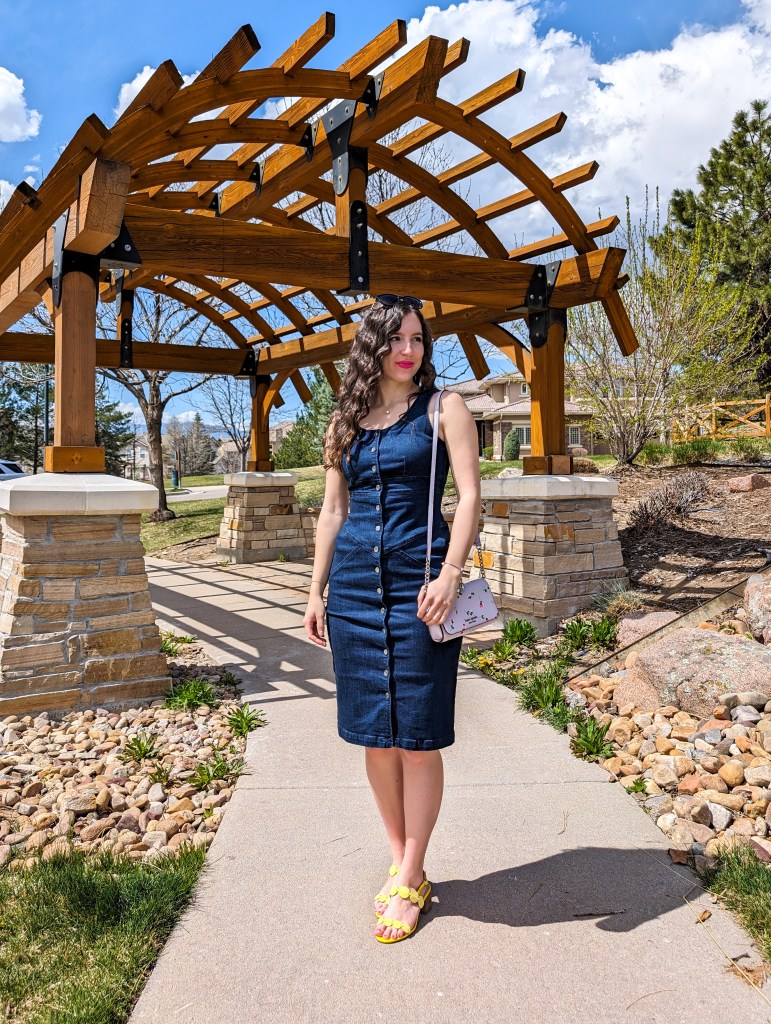 denim button down dress crimped hair yellow heels sandals spring outfit