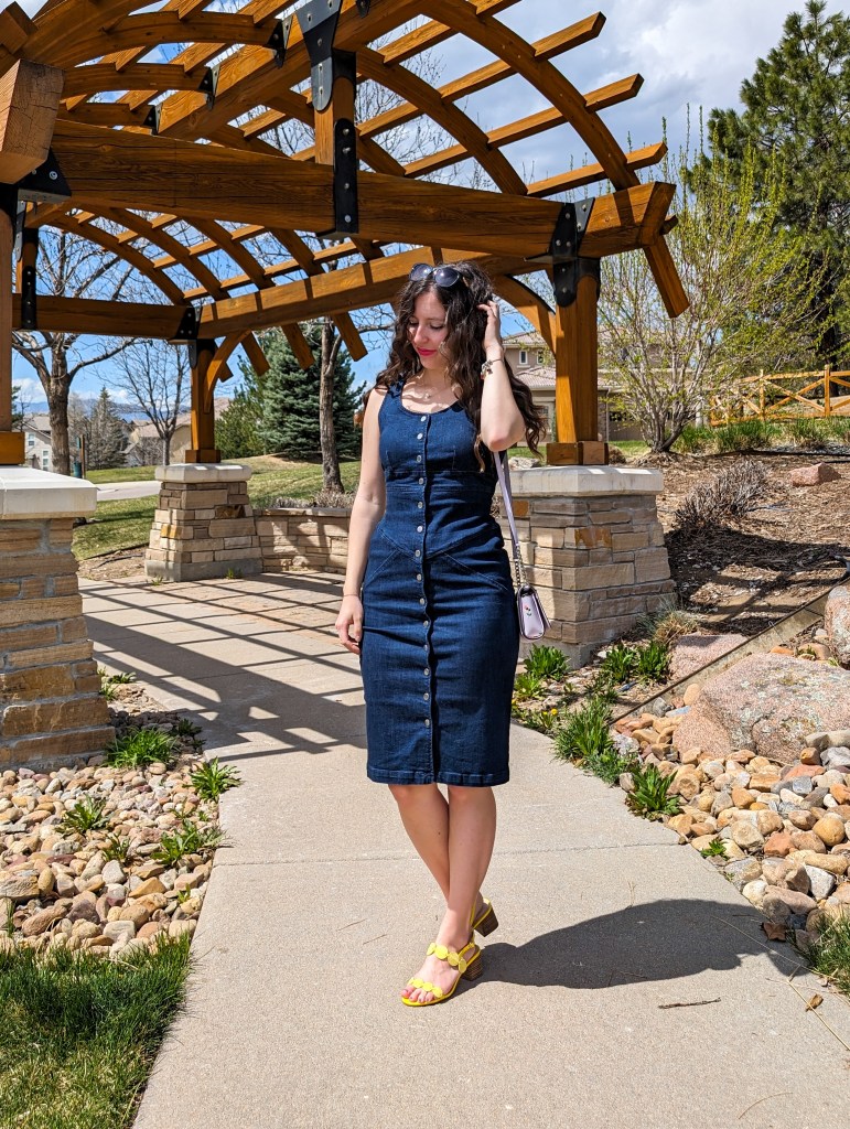 denim dress button-down crimped hair yellow sandals thrifted fashion