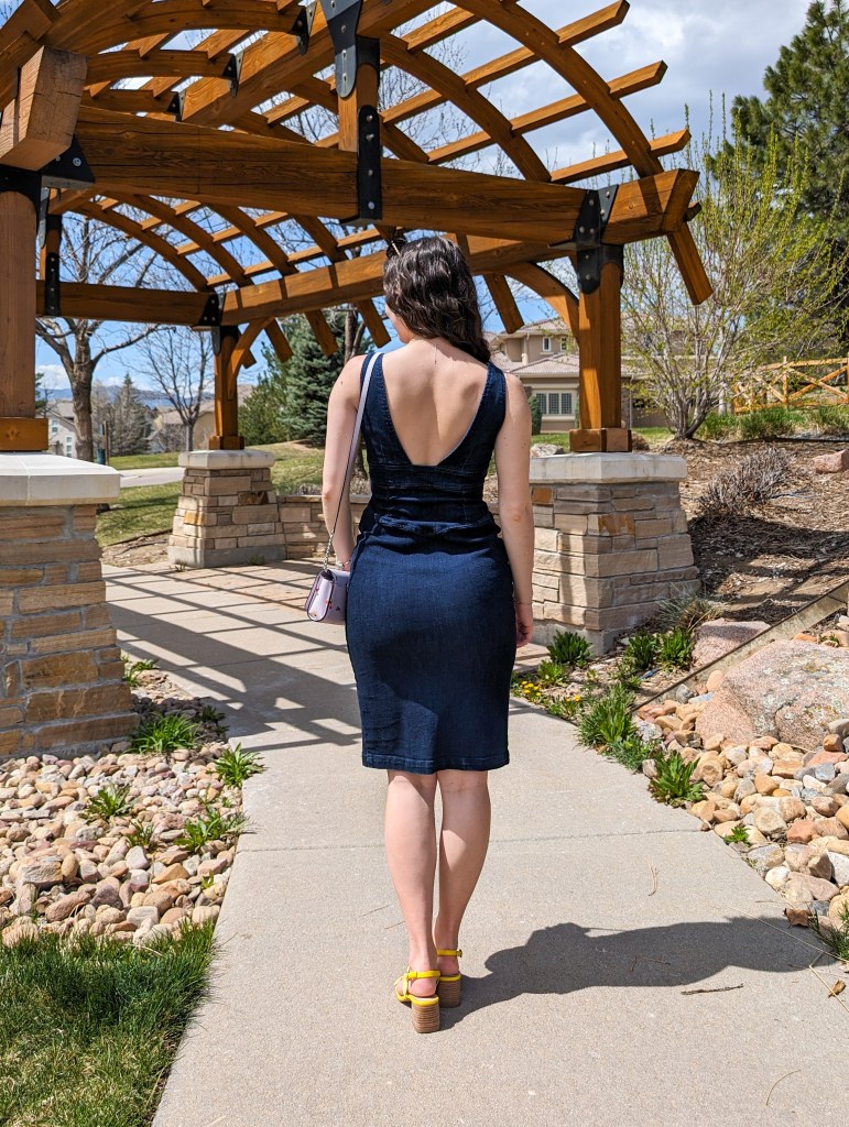 denim dress open back sticky bra yellow block heel sandals