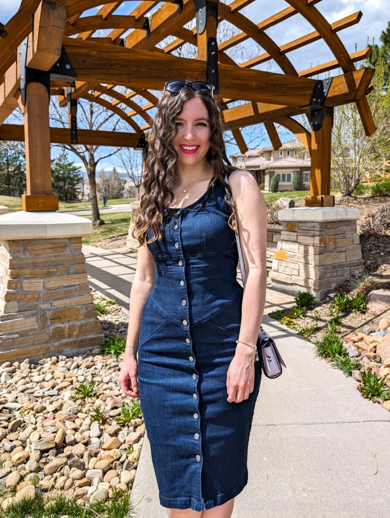 button down denim dress thrifted fashion crimped hair black sunglasses pink lipstick