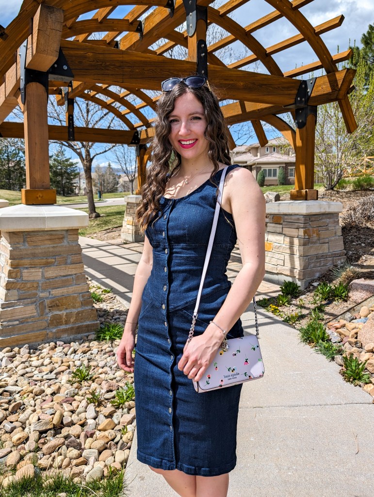 floral purse lavender denim dress with buttons down the front thrifted fashion